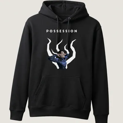 Digital illustration of Isabelle Adjani with POSSESSION text in blue and white — printed on a unisex hoodie