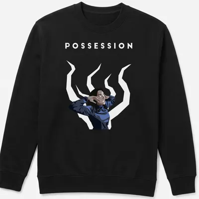 Digital illustration of Isabelle Adjani with POSSESSION text in blue and white — printed on a unisex sweatshirt