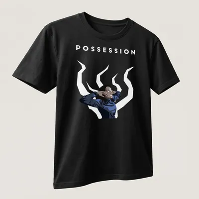 Digital illustration of Isabelle Adjani with POSSESSION text in blue and white — printed on a unisex t-shirt (angled view)