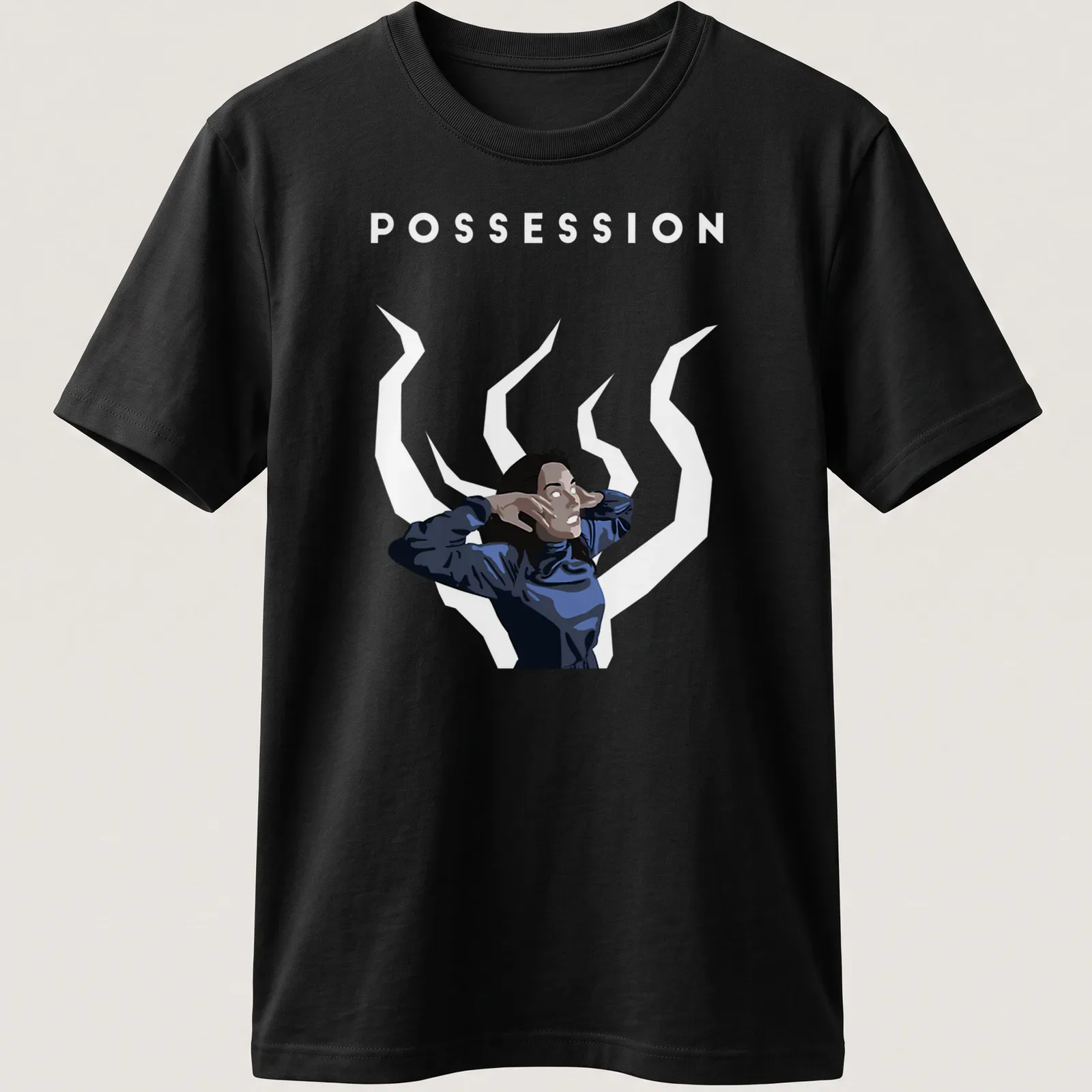 Digital illustration of Isabelle Adjani with POSSESSION text in blue and white — printed on a unisex t-shirt