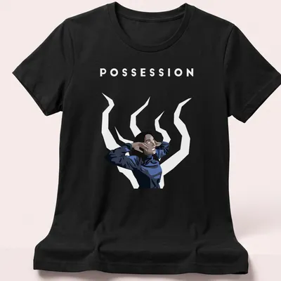 Digital illustration of Isabelle Adjani with POSSESSION text in blue and white — printed on a women's shirt