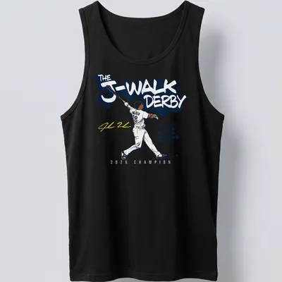 Vibrant graphic of a baseball player with champion text in blue, white, yellow, and black — printed on a tank top