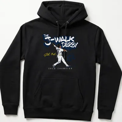 Vibrant graphic of a baseball player with champion text in blue, white, yellow, and black — printed on a unisex hoodie