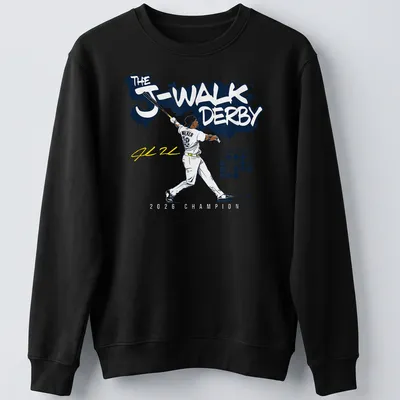 Vibrant graphic of a baseball player with champion text in blue, white, yellow, and black — printed on a unisex sweatshirt
