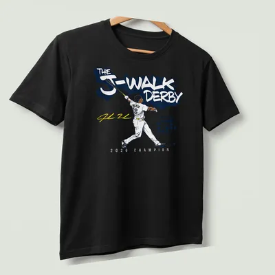 Vibrant graphic of a baseball player with champion text in blue, white, yellow, and black — printed on a unisex t-shirt (angled view)