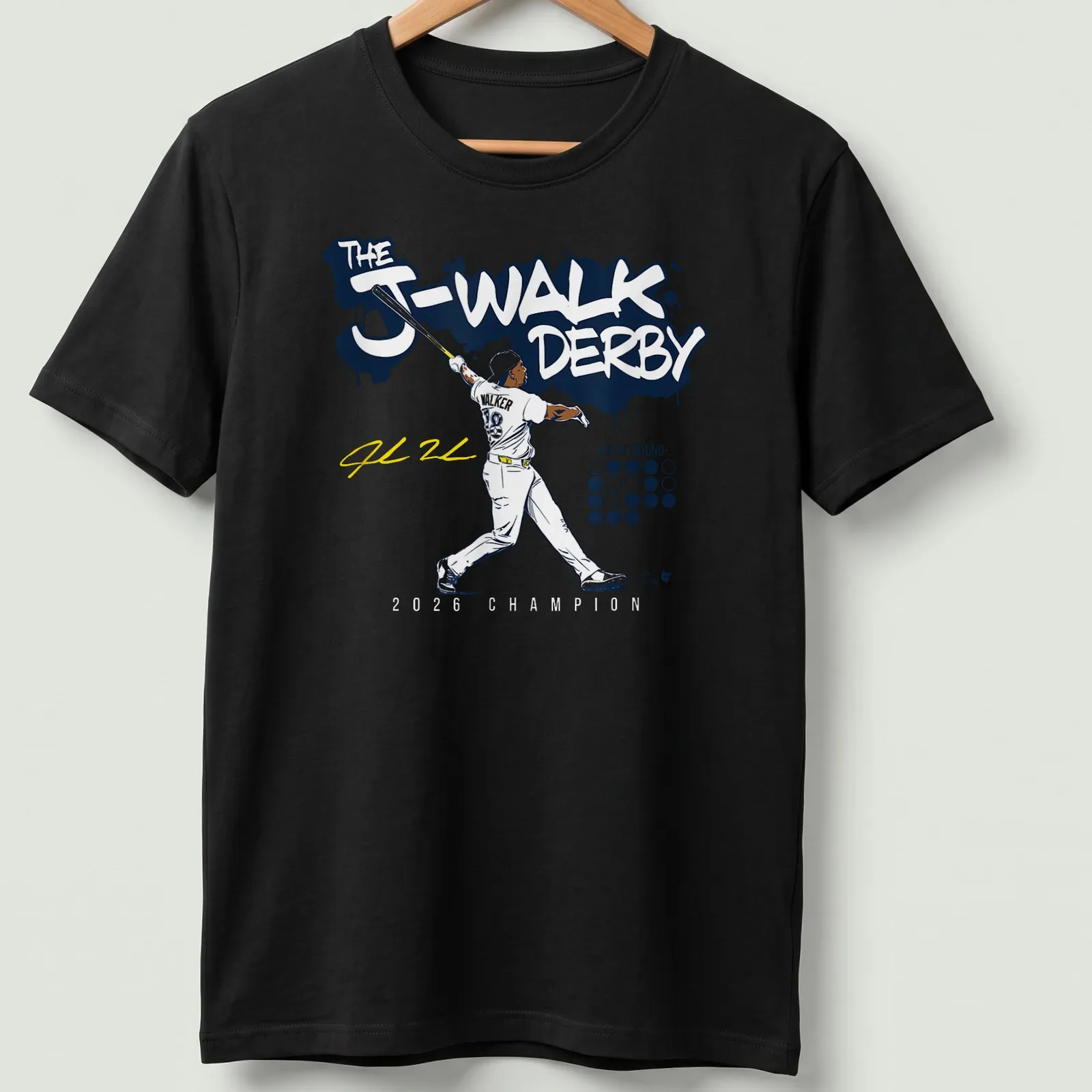 Vibrant graphic of a baseball player with champion text in blue, white, yellow, and black — printed on a unisex t-shirt