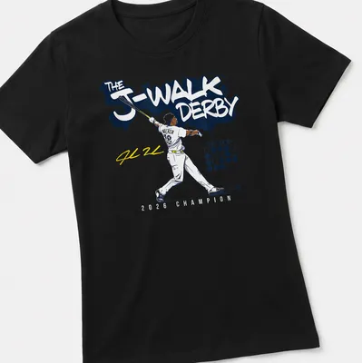 Vibrant graphic of a baseball player with champion text in blue, white, yellow, and black — printed on a women's shirt