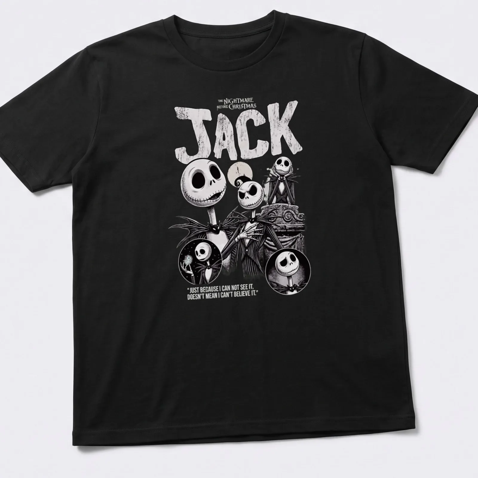 Vintage Jack Skellington tee featuring a quote about belief and imagination — printed on a unisex t-shirt