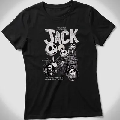 Vintage Jack Skellington tee featuring a quote about belief and imagination — printed on a women's shirt