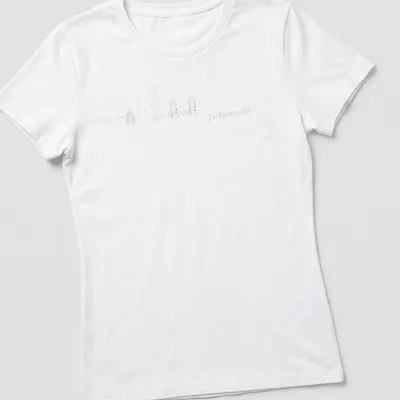 Minimalist line art of Jacksonville skyline in black and white — printed on a women's shirt