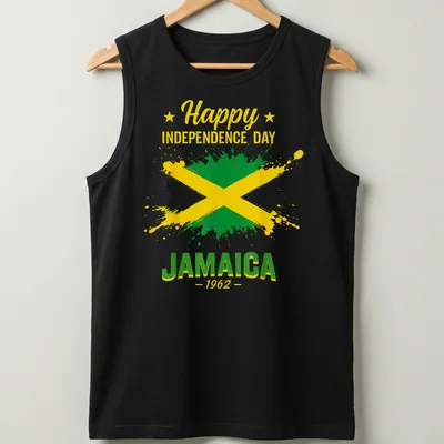 Jamaican flag design on a shirt for Independence Day with colorful splash art — printed on a tank top