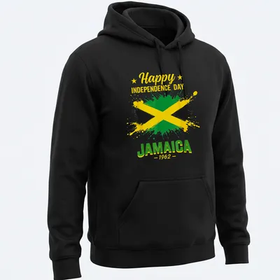 Jamaican flag design on a shirt for Independence Day with colorful splash art — printed on a unisex hoodie