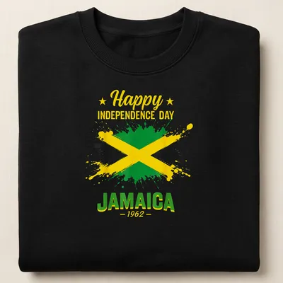 Jamaican flag design on a shirt for Independence Day with colorful splash art — printed on a unisex sweatshirt