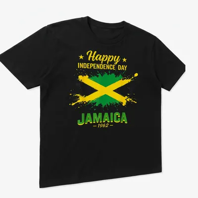 Jamaican flag design on a shirt for Independence Day with colorful splash art — printed on a unisex t-shirt (angled view)