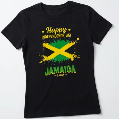 Jamaican flag design on a shirt for Independence Day with colorful splash art — printed on a women's shirt