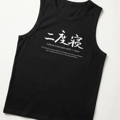 Japanese calligraphy t-shirt featuring the phrase 'Going Back To Sleep' in black on white. — printed on a tank top