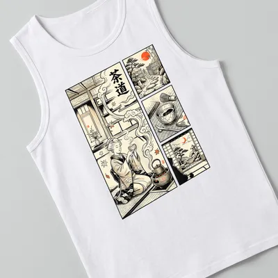 Vintage comic style shirt with Japanese tea ceremony illustration and characters — printed on a tank top