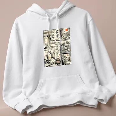 Vintage comic style shirt with Japanese tea ceremony illustration and characters — printed on a unisex hoodie
