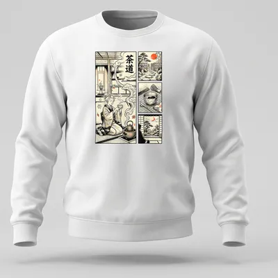 Vintage comic style shirt with Japanese tea ceremony illustration and characters — printed on a unisex sweatshirt