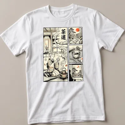 Vintage comic style shirt with Japanese tea ceremony illustration and characters