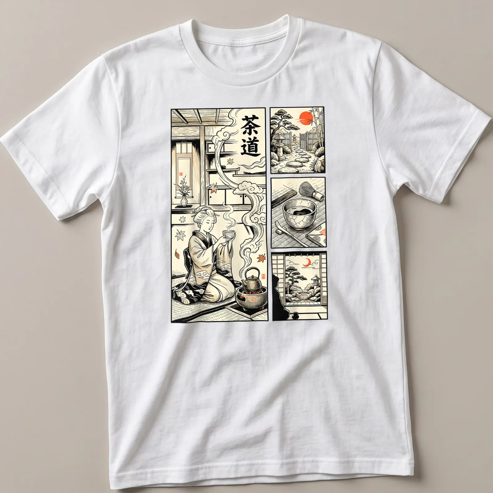Vintage comic style shirt with Japanese tea ceremony illustration and characters — printed on a unisex t-shirt