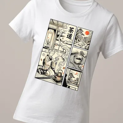 Vintage comic style shirt with Japanese tea ceremony illustration and characters — printed on a women's shirt
