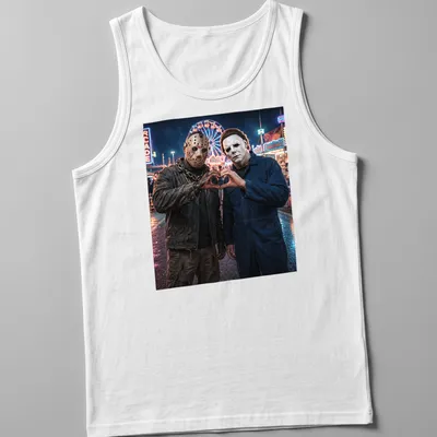 Illustration of Jason Voorhees and Michael Myers making heart shapes with hands in a horror style. — printed on a tank top
