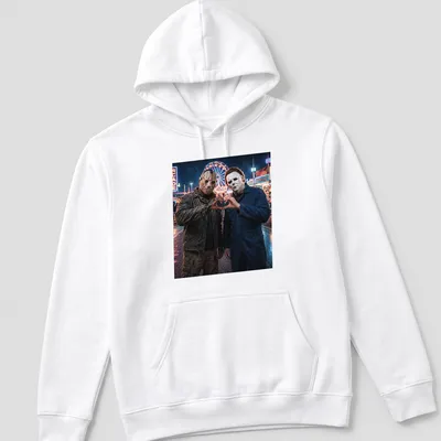 Illustration of Jason Voorhees and Michael Myers making heart shapes with hands in a horror style. — printed on a unisex hoodie