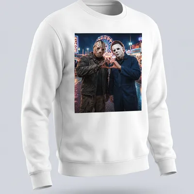 Illustration of Jason Voorhees and Michael Myers making heart shapes with hands in a horror style. — printed on a unisex sweatshirt