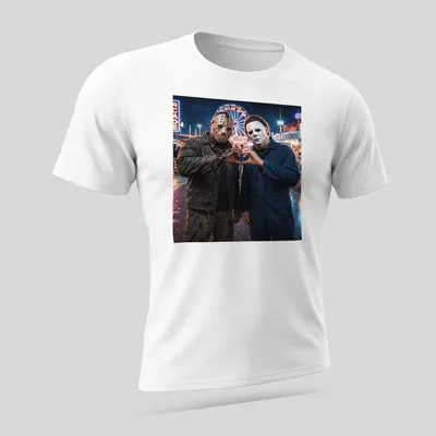 Illustration of Jason Voorhees and Michael Myers making heart shapes with hands in a horror style. — printed on a unisex t-shirt (angled view)