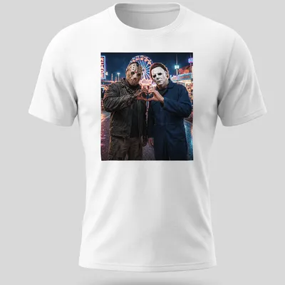 Illustration of Jason Voorhees and Michael Myers making heart shapes with hands in a horror style.