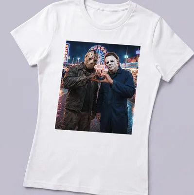 Illustration of Jason Voorhees and Michael Myers making heart shapes with hands in a horror style. — printed on a women's shirt