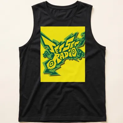 Bold graphic Jet Set Radio T-shirt featuring stylized logo in yellow, green, and black — printed on a tank top