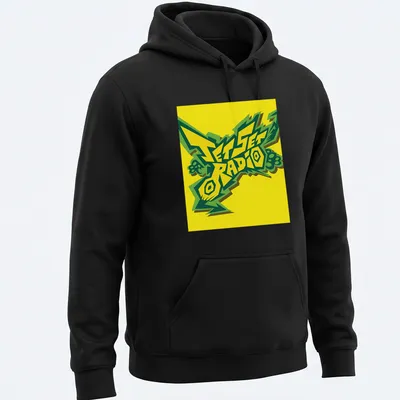 Bold graphic Jet Set Radio T-shirt featuring stylized logo in yellow, green, and black — printed on a unisex hoodie