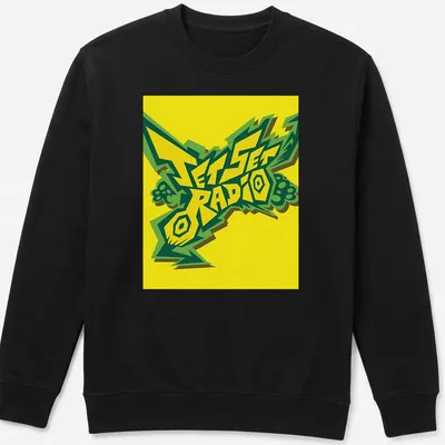 Bold graphic Jet Set Radio T-shirt featuring stylized logo in yellow, green, and black — printed on a unisex sweatshirt