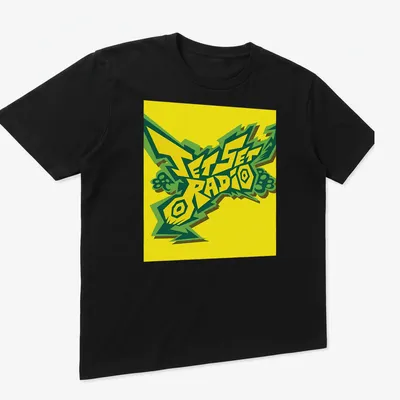 Bold graphic Jet Set Radio T-shirt featuring stylized logo in yellow, green, and black — printed on a unisex t-shirt (angled view)