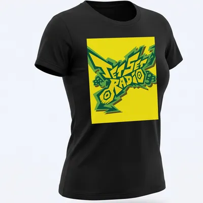 Bold graphic Jet Set Radio T-shirt featuring stylized logo in yellow, green, and black — printed on a women's shirt
