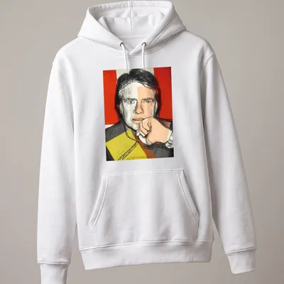 Pop art style t-shirt featuring Jimmy Carter and Andy Warhol in vibrant colors — printed on a unisex hoodie