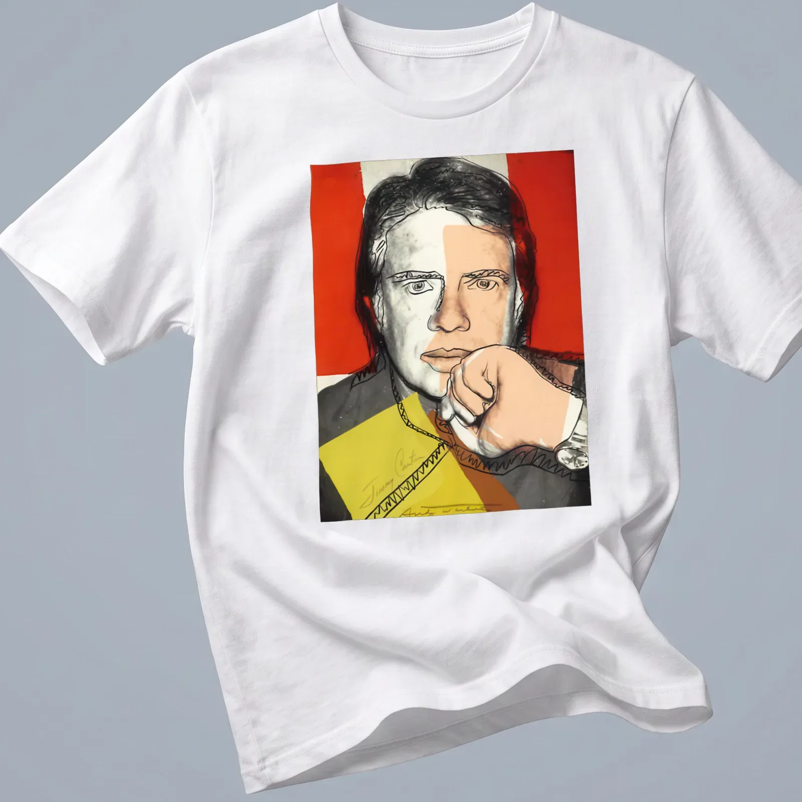 Pop art style t-shirt featuring Jimmy Carter and Andy Warhol in vibrant colors — printed on a unisex t-shirt