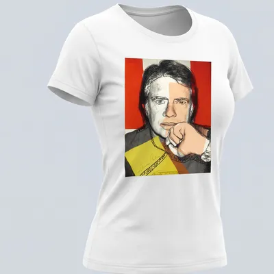 Pop art style t-shirt featuring Jimmy Carter and Andy Warhol in vibrant colors — printed on a women's shirt