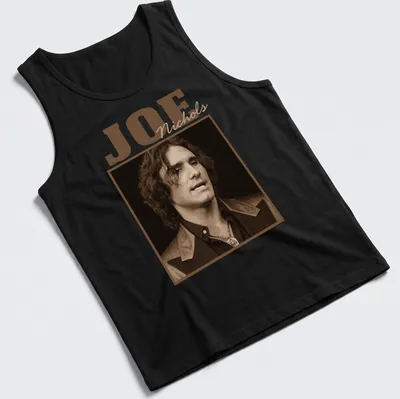 Sepia tone Joe Nichols t-shirt featuring his name in vintage style — printed on a tank top