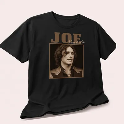 Sepia tone Joe Nichols t-shirt featuring his name in vintage style — printed on a unisex t-shirt (angled view)