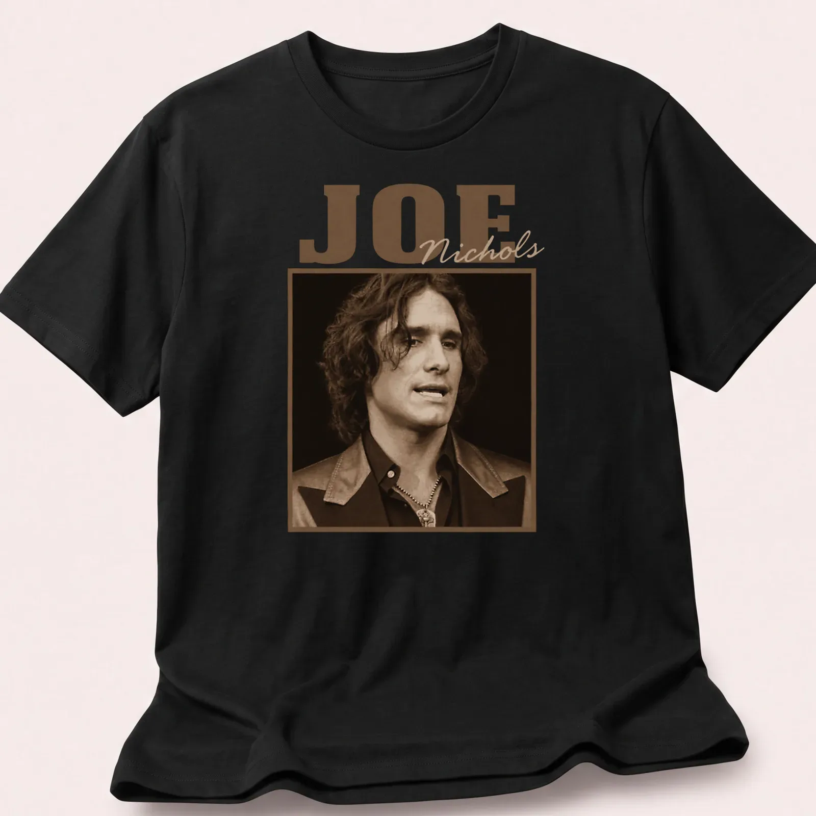 Sepia tone Joe Nichols t-shirt featuring his name in vintage style — printed on a unisex t-shirt