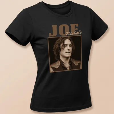 Sepia tone Joe Nichols t-shirt featuring his name in vintage style — printed on a women's shirt