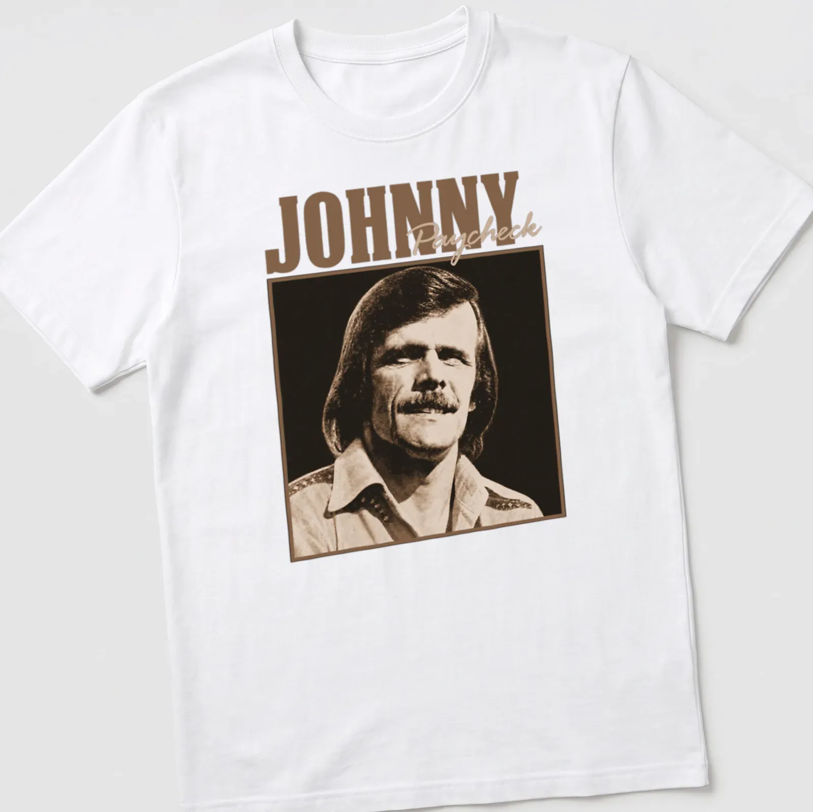 Vintage music t-shirt featuring Johnny Paycheck's name and portrait — printed on a unisex t-shirt