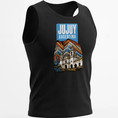 Vintage Jujuy Argentina t-shirt featuring a historic church and mountains — printed on a tank top