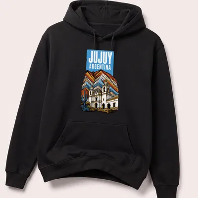 Vintage Jujuy Argentina t-shirt featuring a historic church and mountains — printed on a unisex hoodie