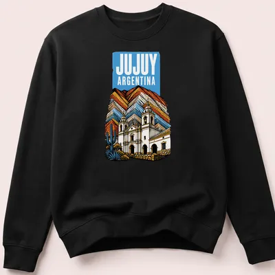 Vintage Jujuy Argentina t-shirt featuring a historic church and mountains — printed on a unisex sweatshirt