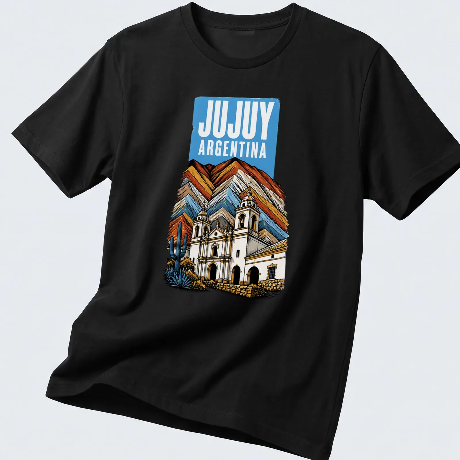 Vintage Jujuy Argentina t-shirt featuring a historic church and mountains — printed on a unisex t-shirt