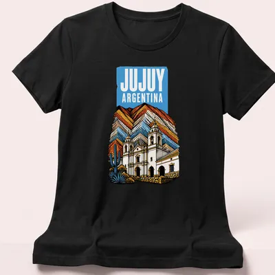 Vintage Jujuy Argentina t-shirt featuring a historic church and mountains — printed on a women's shirt